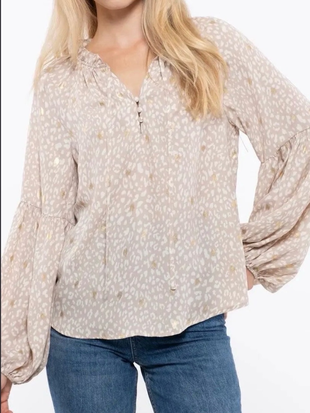 Blu Pepper Taupe Printed Peasant Blouse with Gold Accents